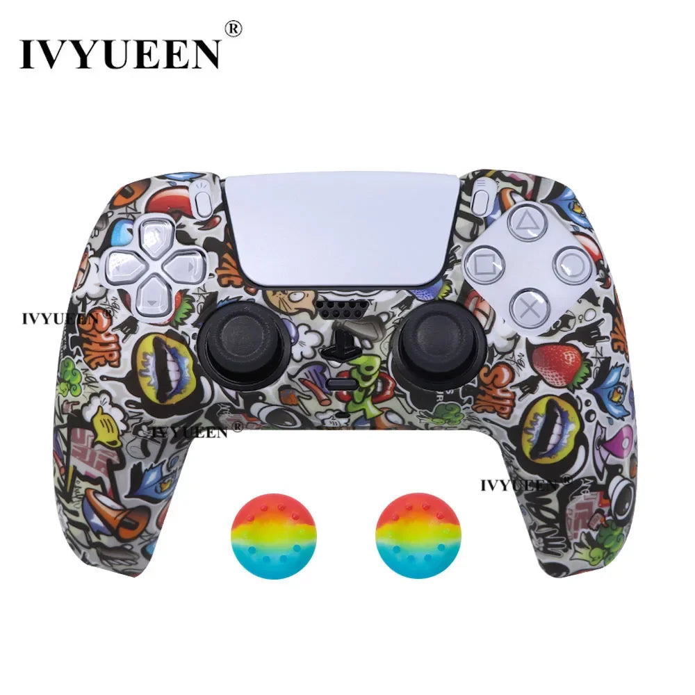 Water Transfer Printing Protective Silicone Case for Sony Playstation 5 PS5 Controller Rubber Cover Joysticks Thumb Grips Caps